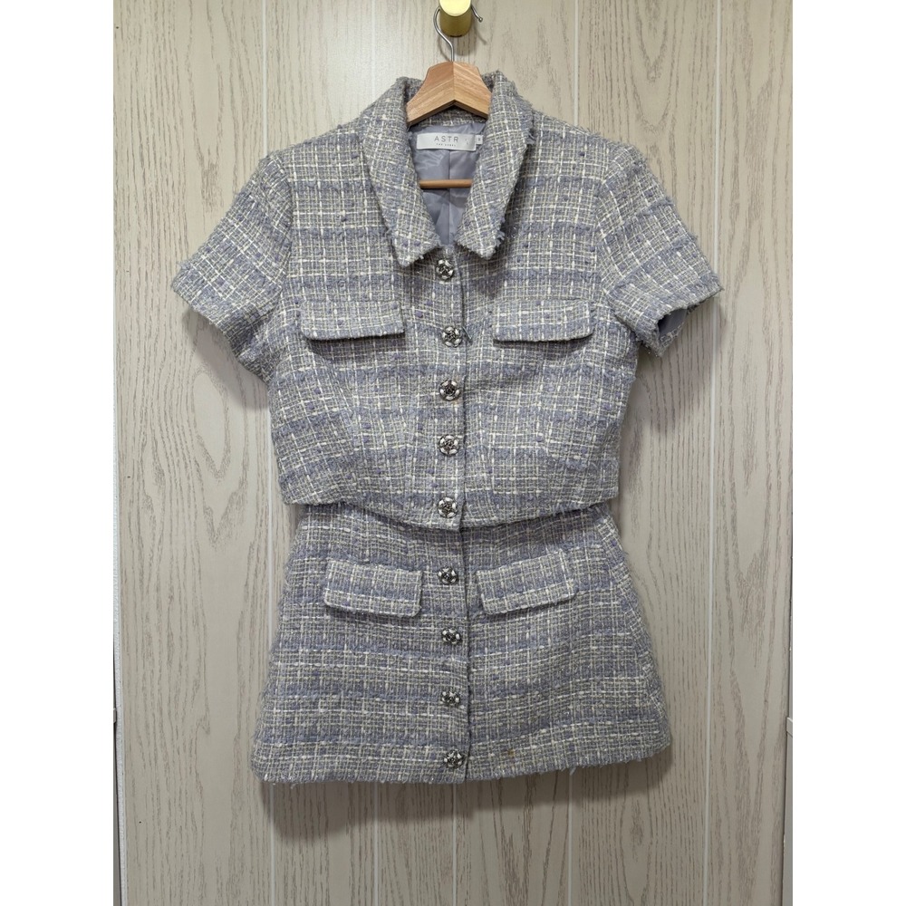 ASTR The Label Lavender Blue Tweed Two Piece Set Crop Jacket & Mini Skirt M/XS